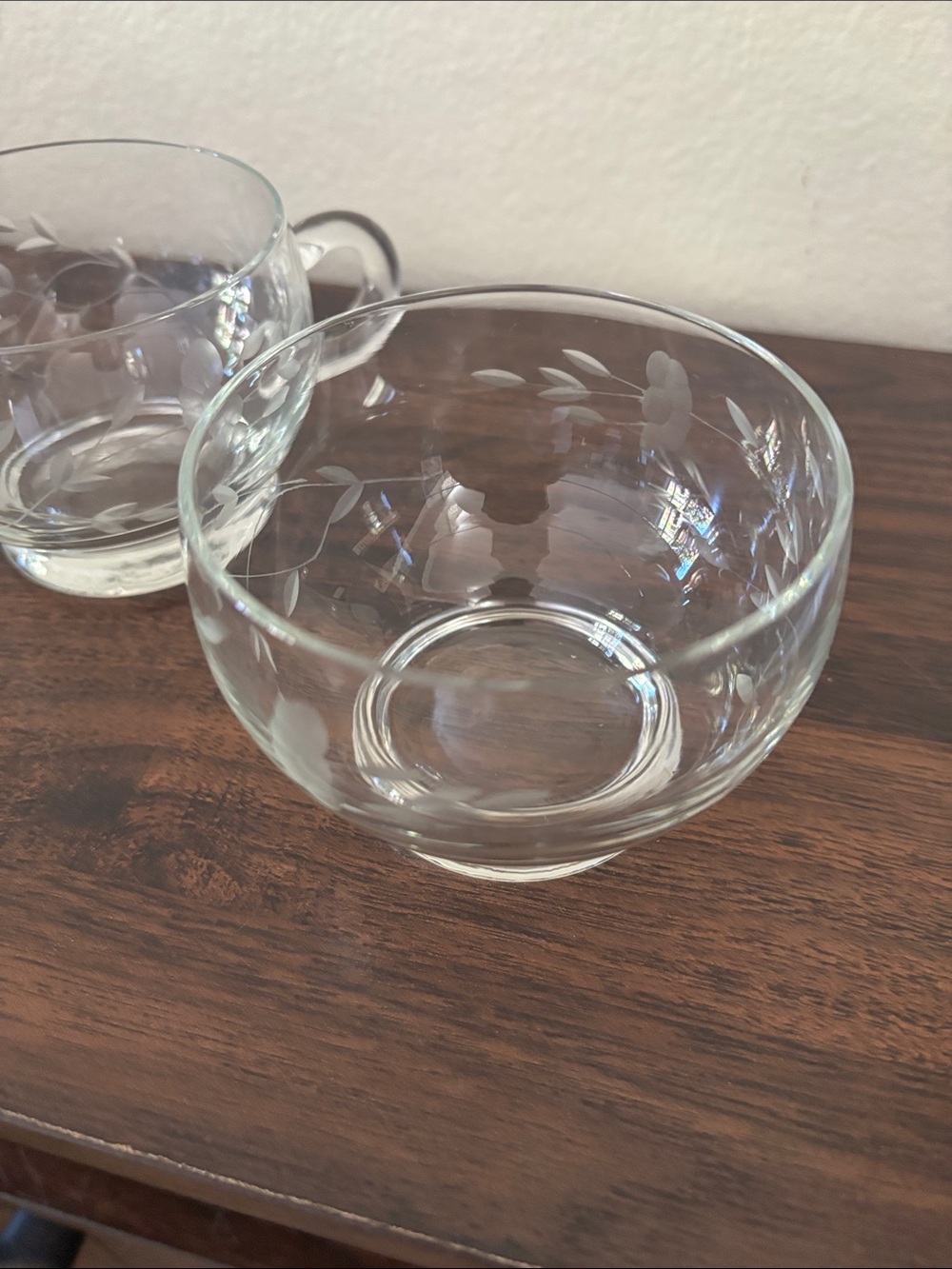 LAST CHANCE Etched Glass Sugar & Creamer Set, Covered Butter Dish & Sauce Bowl - Picture 3 of 9